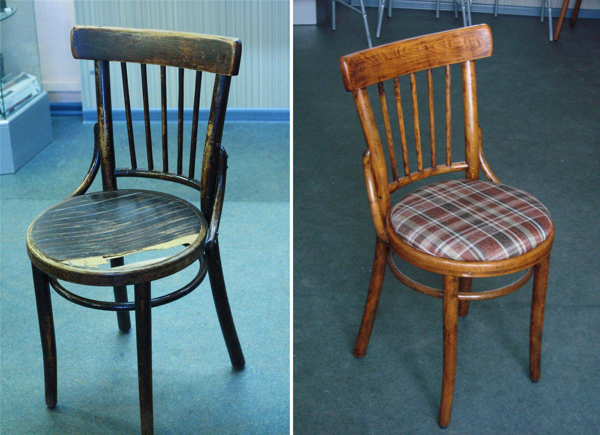 Реставрация старых стульев своими руками Как самостоятельно сделать реставрацию стула или табурета: необходимые инструменты и материалы, очистка, мытьё и просушивание изделия, разборка, ремонт каркаса и сиденья, удаление старой краски, как залить дырки и
