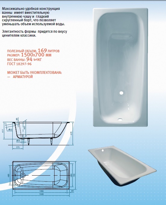 Какой объем стандартной ванны (170 и 150 см) в литрах и в кубометрах