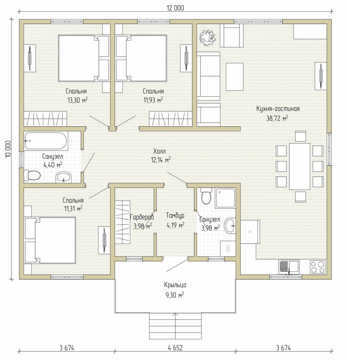 Проекты одноэтажных домов с тремя спальнями: 14 вариантов
