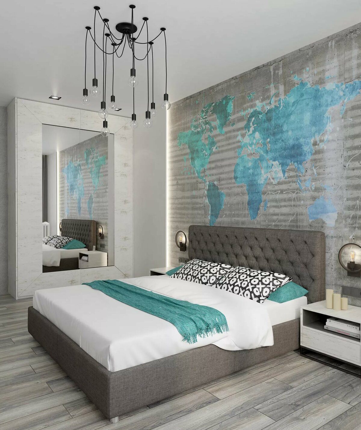 спальня дизайн в серых тонах с яркими акцентами